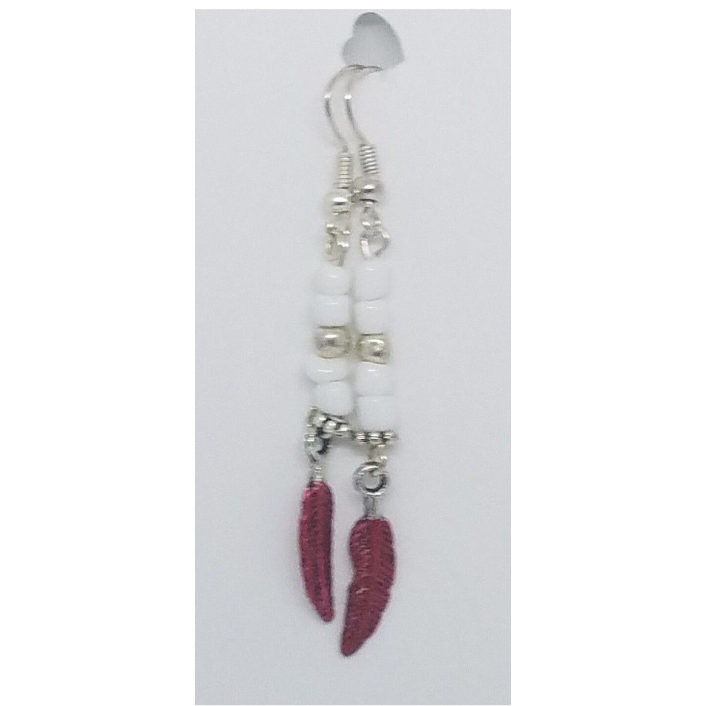 Earrings Small Painted Red Feather Charm Sterling Wire White & Silver Beads 2"