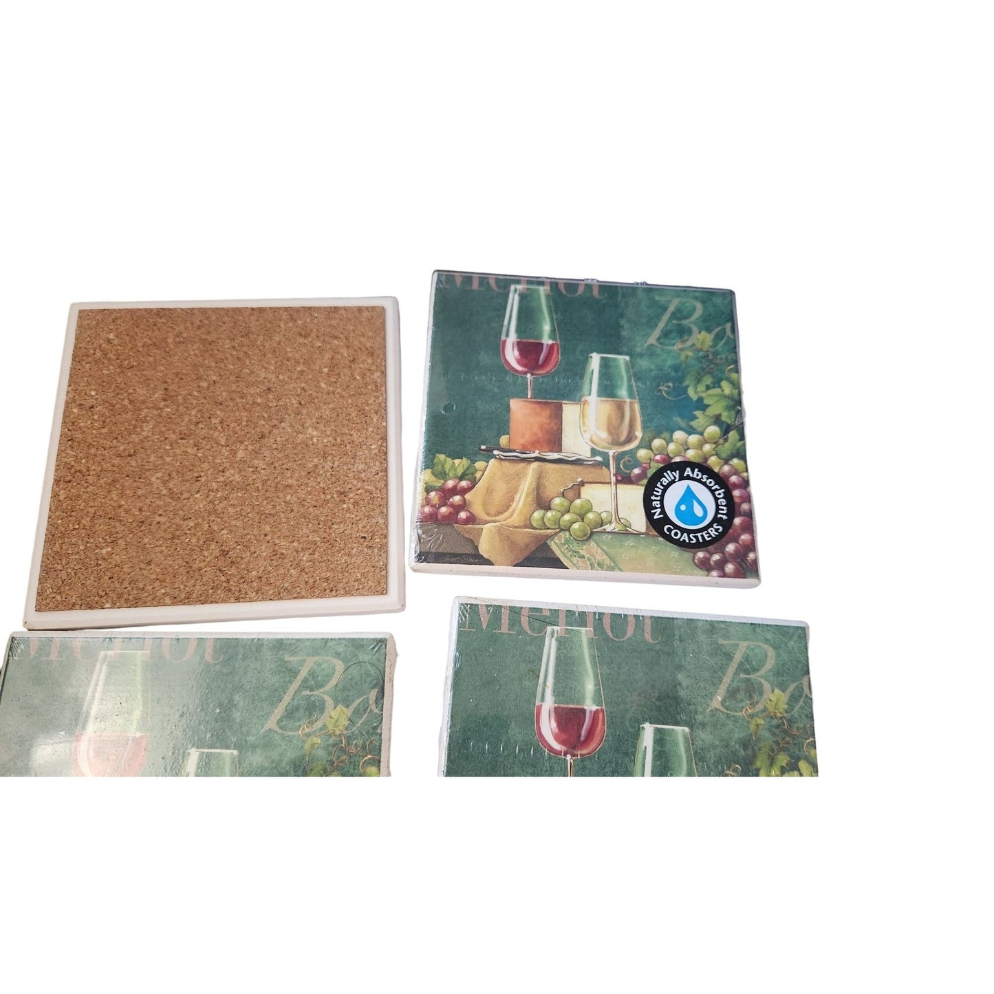 Naturally Absorbent Ceramic Set of 4 Coasters Wine Design Cork Backed 3 3/4" x 3 3/4"