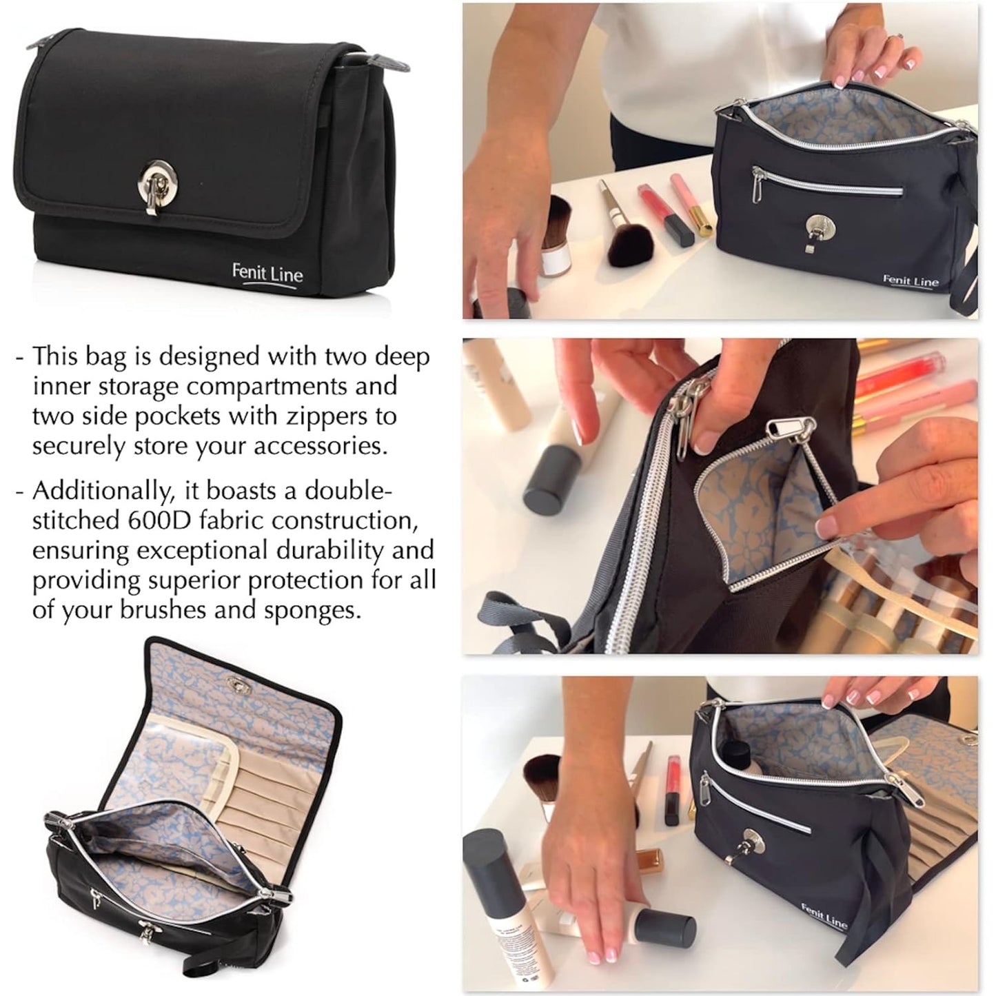 Fenit Line Makeup Bag with Reversible Flap, Portable Cosmetic Bag that Saves Space. Blend Your Makeup Brush Holder & Small Makeup Bag for Pu