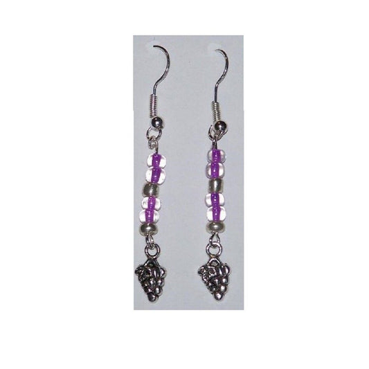 Earrings Small Grape Cluster Wine Charm Sterling Wire Pink & Silver Beads 2"