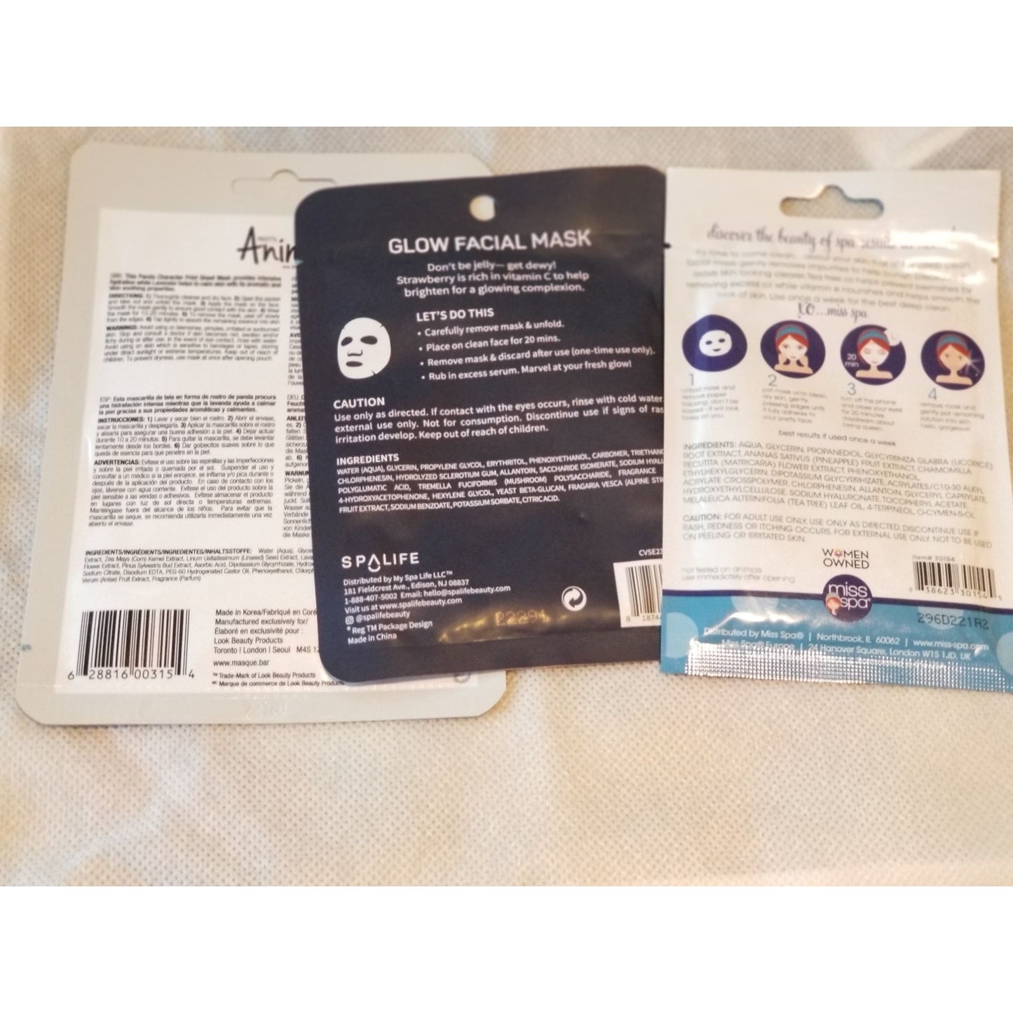 Set of 3 Face Masks 1 Each Miss Spa Deep Clean,  Spa Life Jelly Bean,, MasqueBar Pretty Animalz