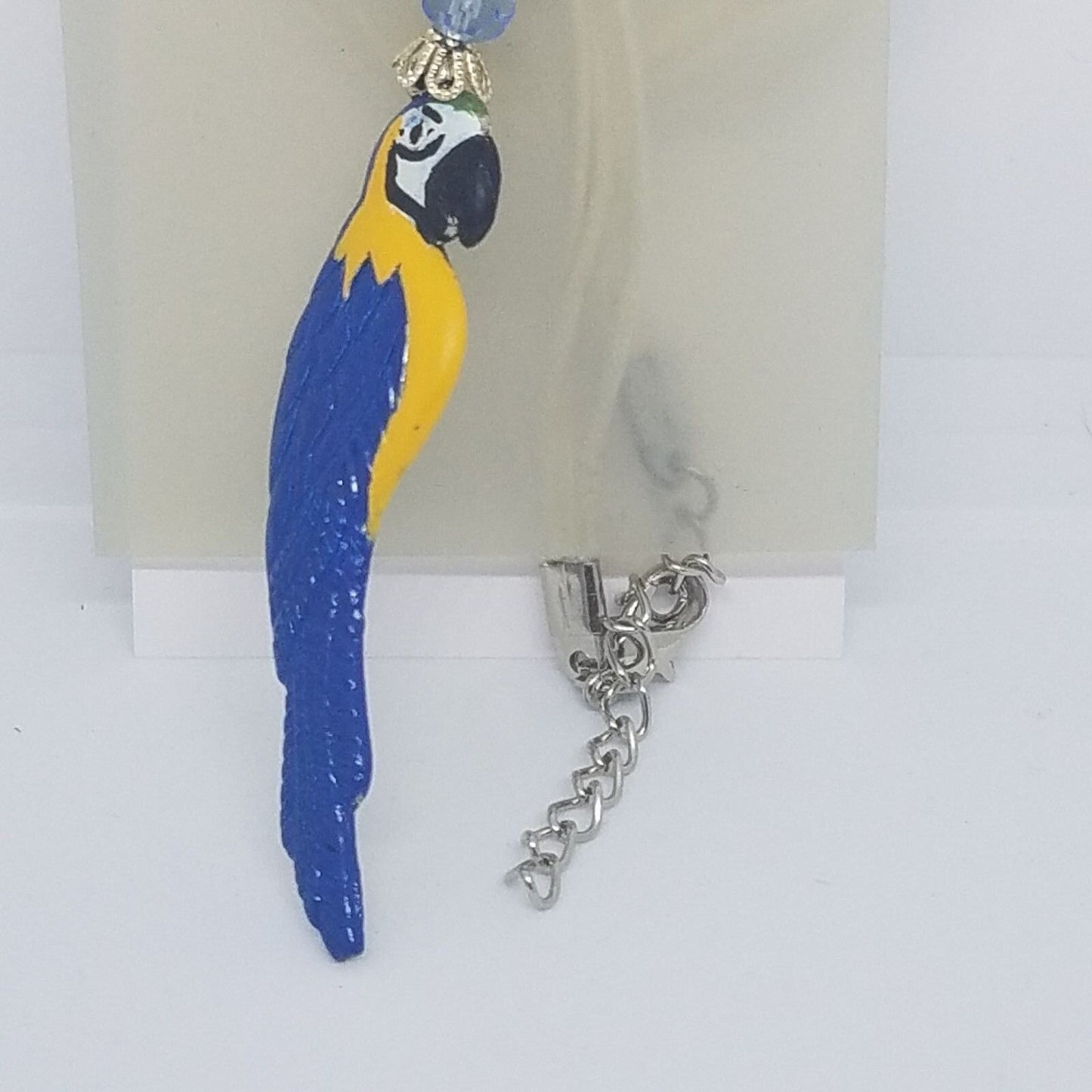 Necklace 2" Painted Blue Parrot Charm Blue Silver Beads Blue Ribbon Cord