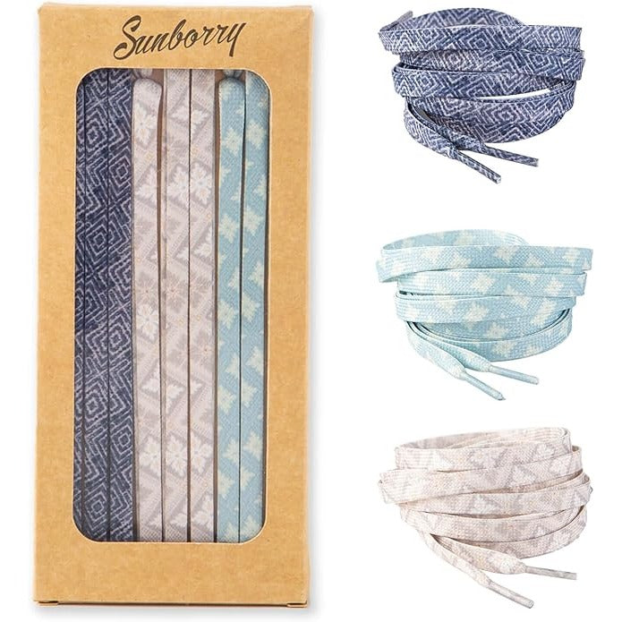 SUNBORRY 3 Pairs Flat Beige and Blue 48"/54" Fun Pattern Shoelaces for Sneakers