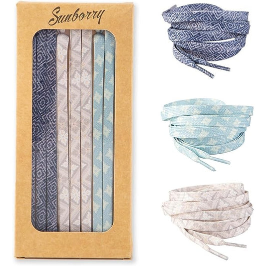 SUNBORRY 3 Pairs Flat Beige and Blue 48"/54" Fun Pattern Shoelaces for Sneakers