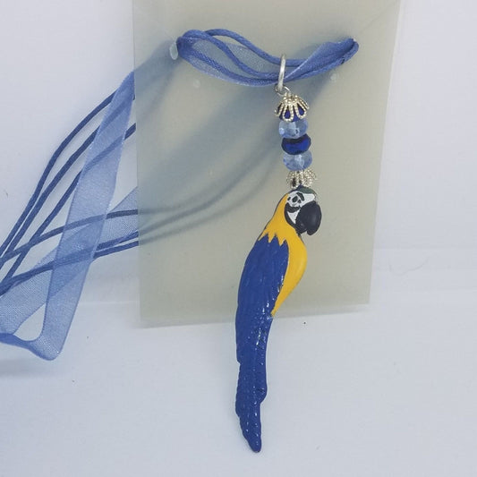 Necklace 2" Painted Blue Parrot Charm Blue Silver Beads Blue Ribbon Cord