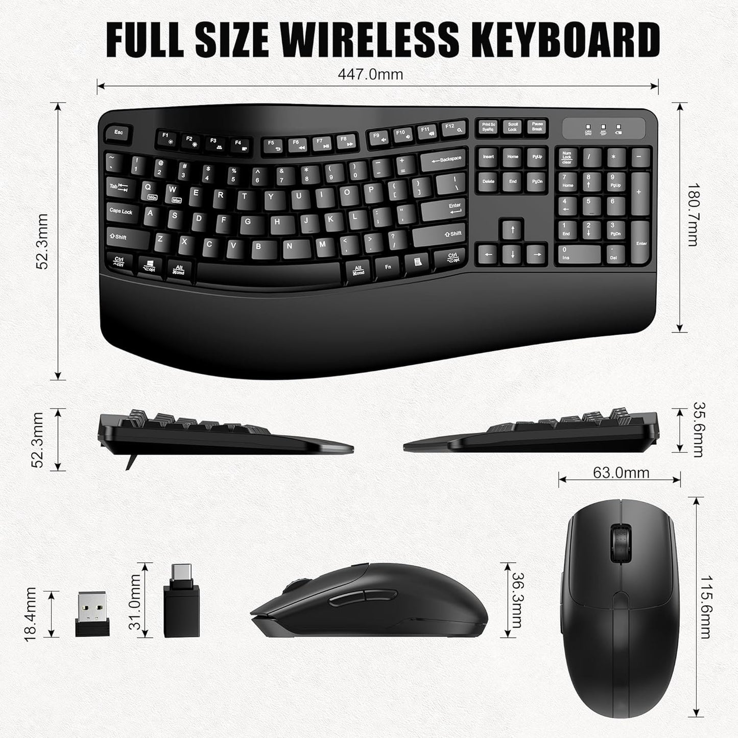 Wireless Keyboard and Mouse, Wireless Ergonomic Keyboard Wrist Rest 3 Level DPI Adjustable Wireless Mouse for Windows/MacO