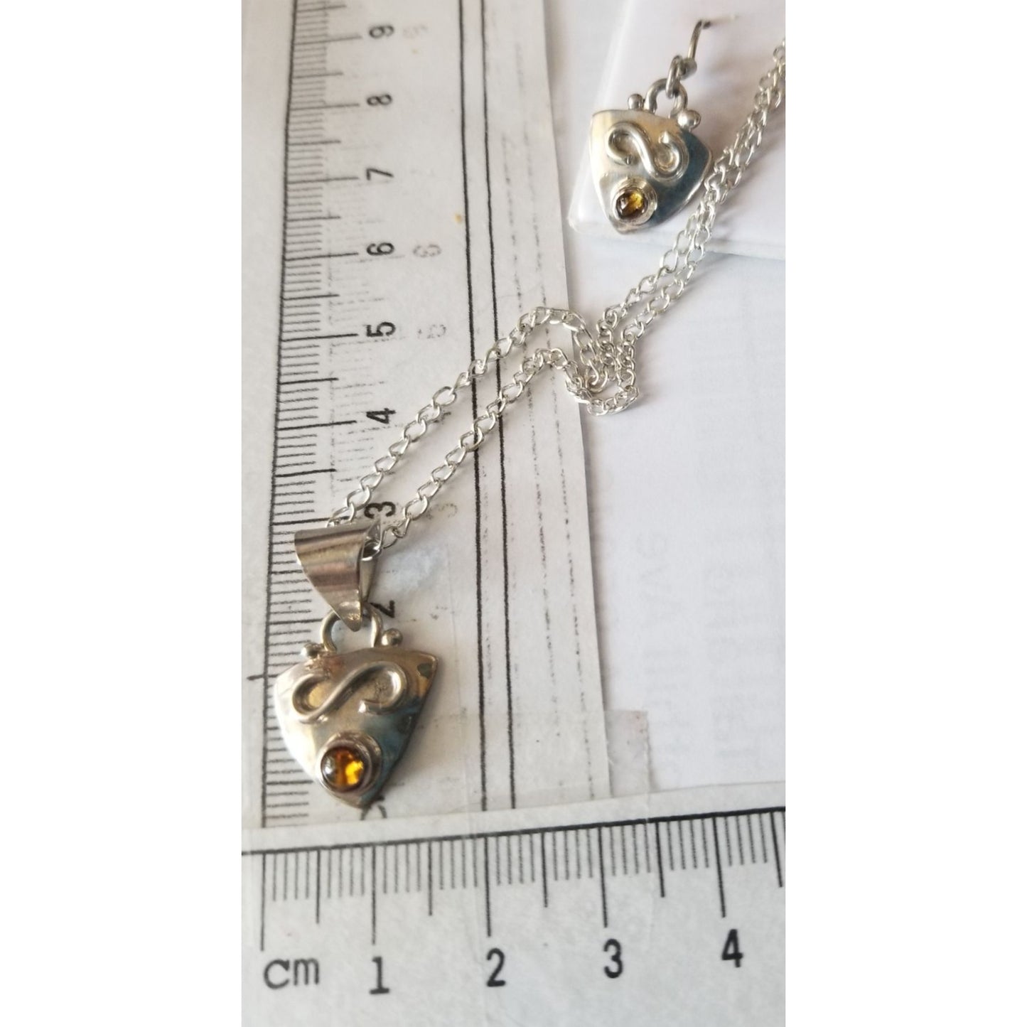 Necklace Earrings Set Triangle   Amber 16" Silver Chain weight 14.1 gr Jewelry