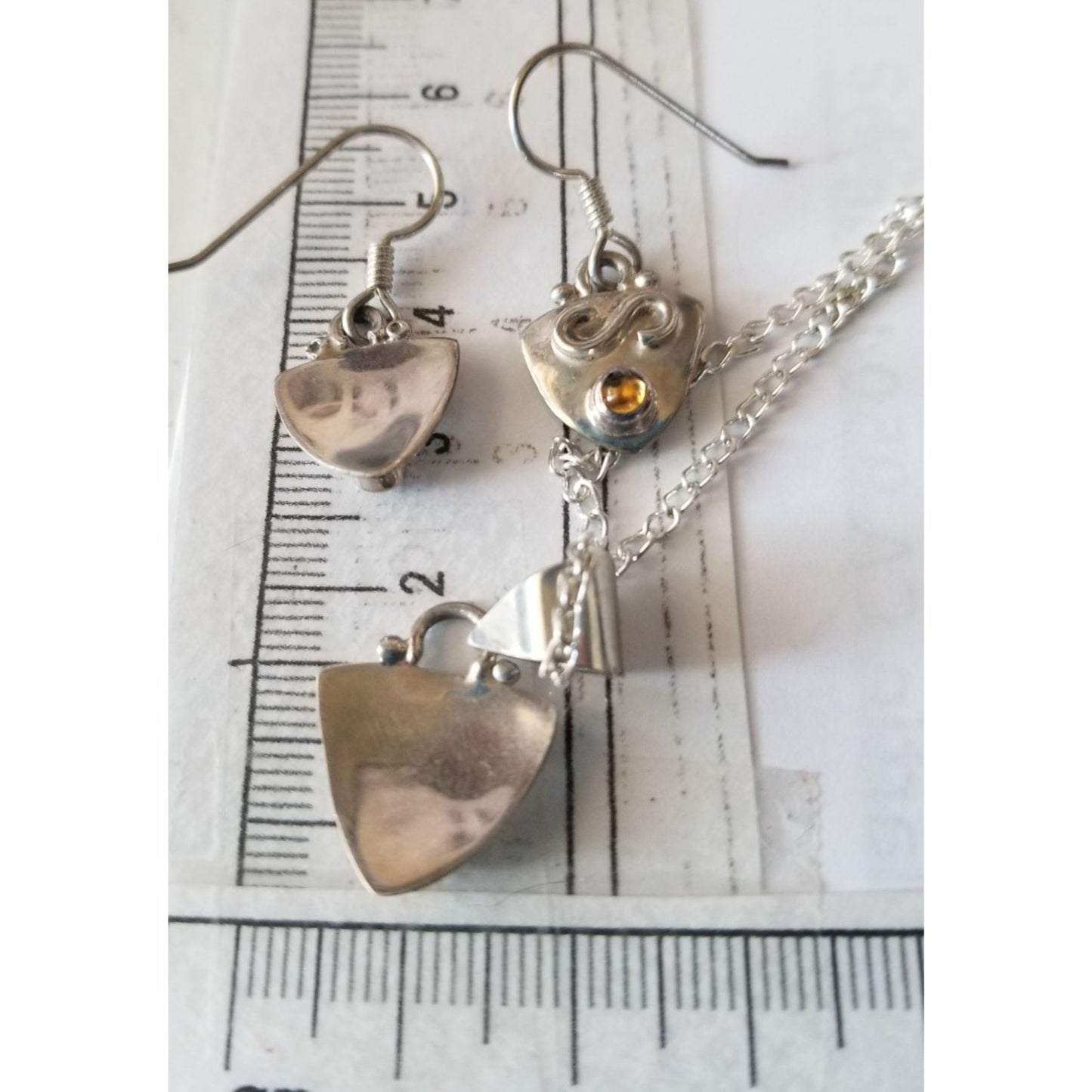 Necklace Earrings Set Triangle   Amber 16" Silver Chain weight 14.1 gr Jewelry