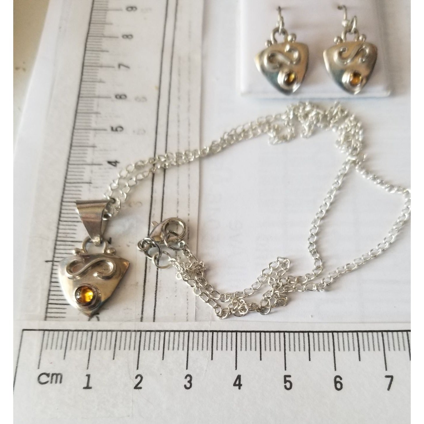Necklace Earrings Set Triangle   Amber 16" Silver Chain weight 14.1 gr Jewelry