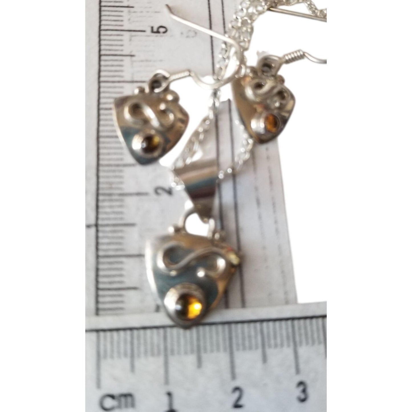 Necklace Earrings Set Triangle   Amber 16" Silver Chain weight 14.1 gr Jewelry