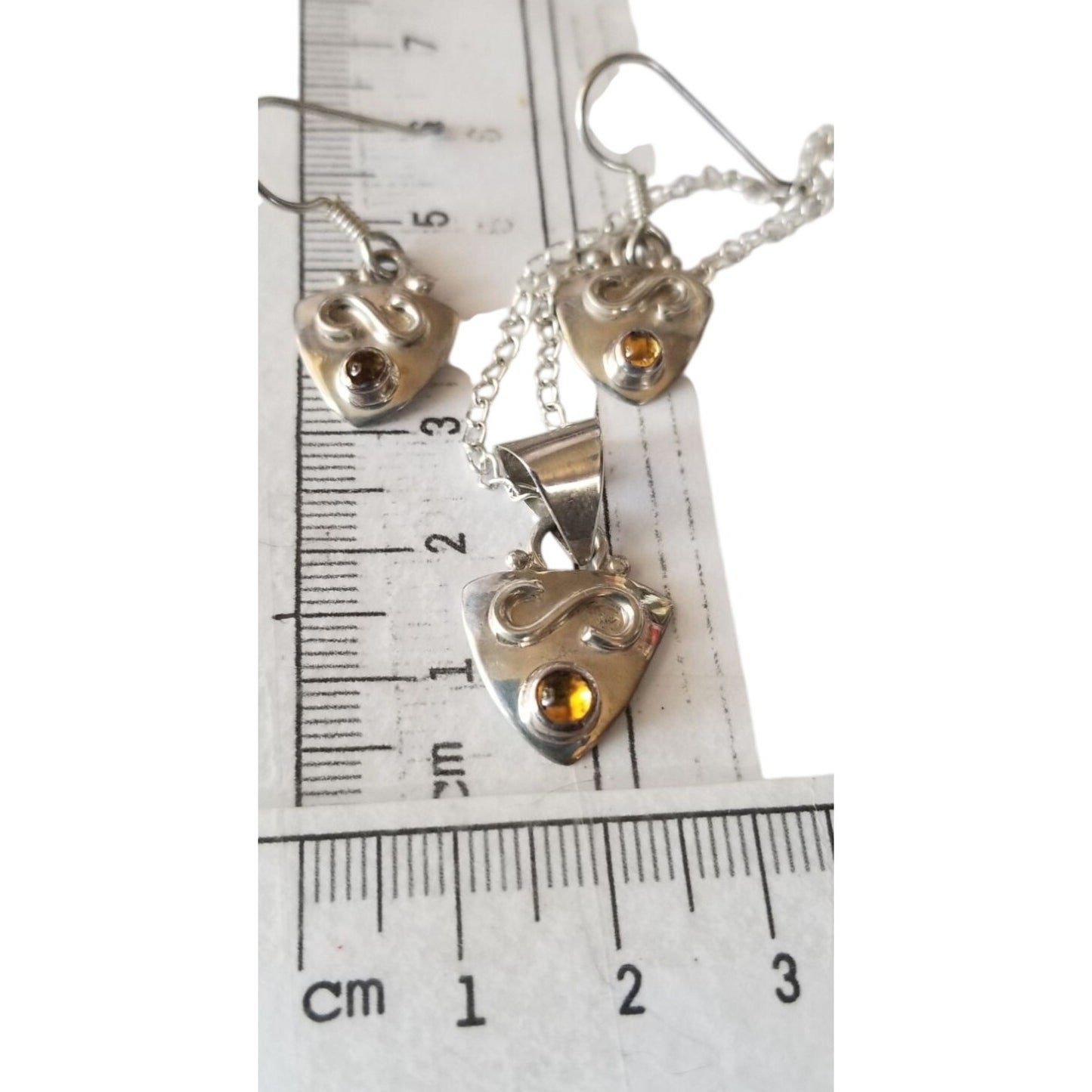 Necklace Earrings Set Triangle   Amber 16" Silver Chain weight 14.1 gr Jewelry