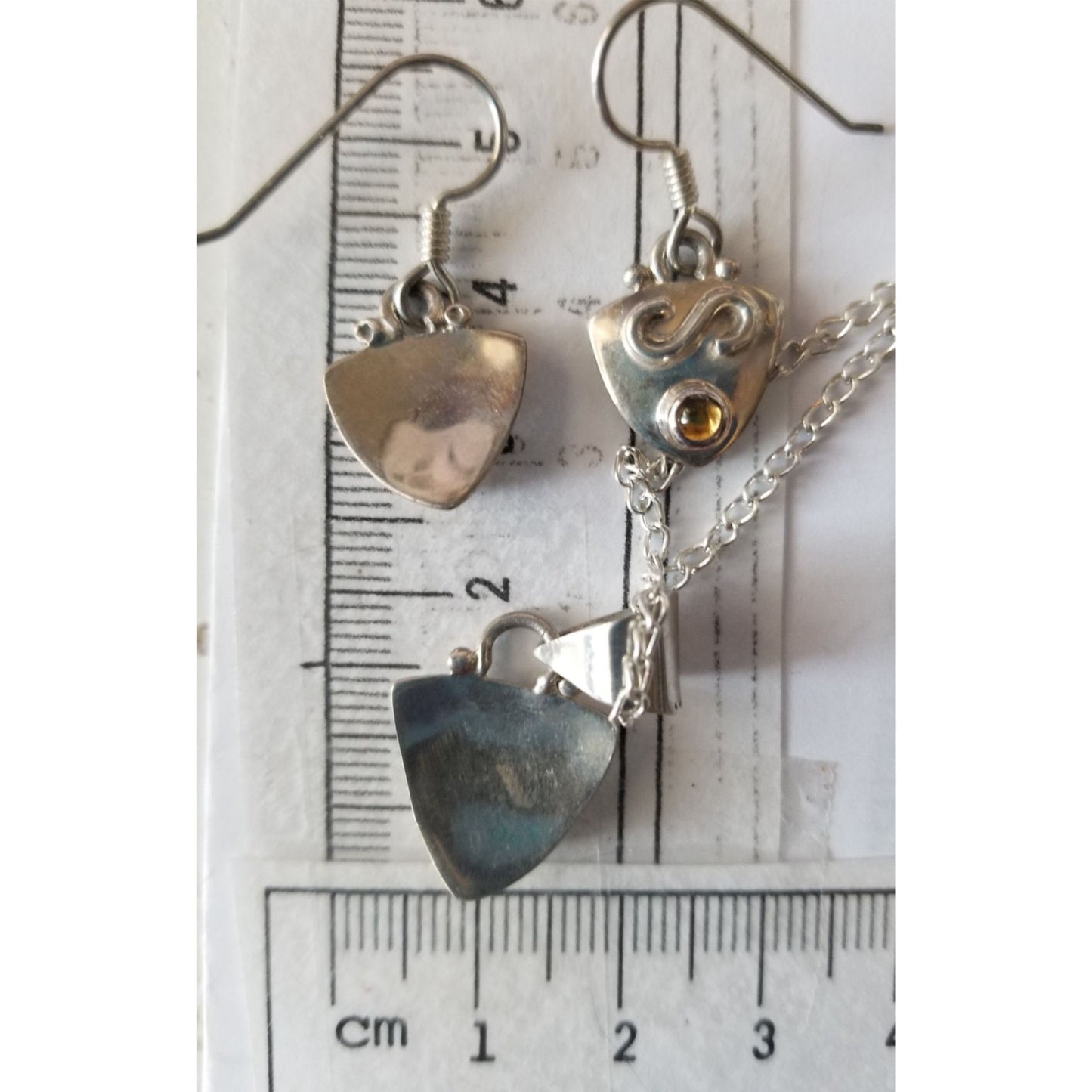 Necklace Earrings Set Triangle   Amber 16" Silver Chain weight 14.1 gr Jewelry