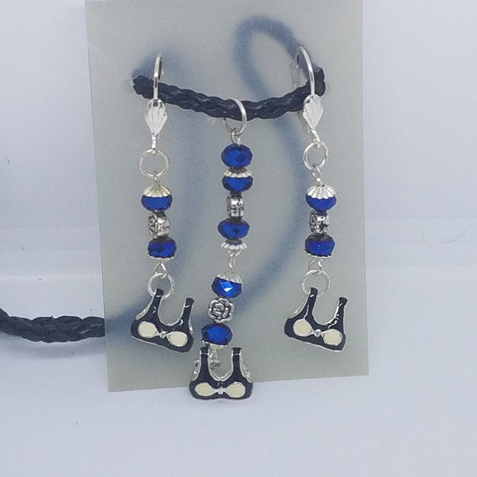 Necklace Earrings Bikini Bra Top 1/2 " Charm Blue Silver Bead Black Leather Cord