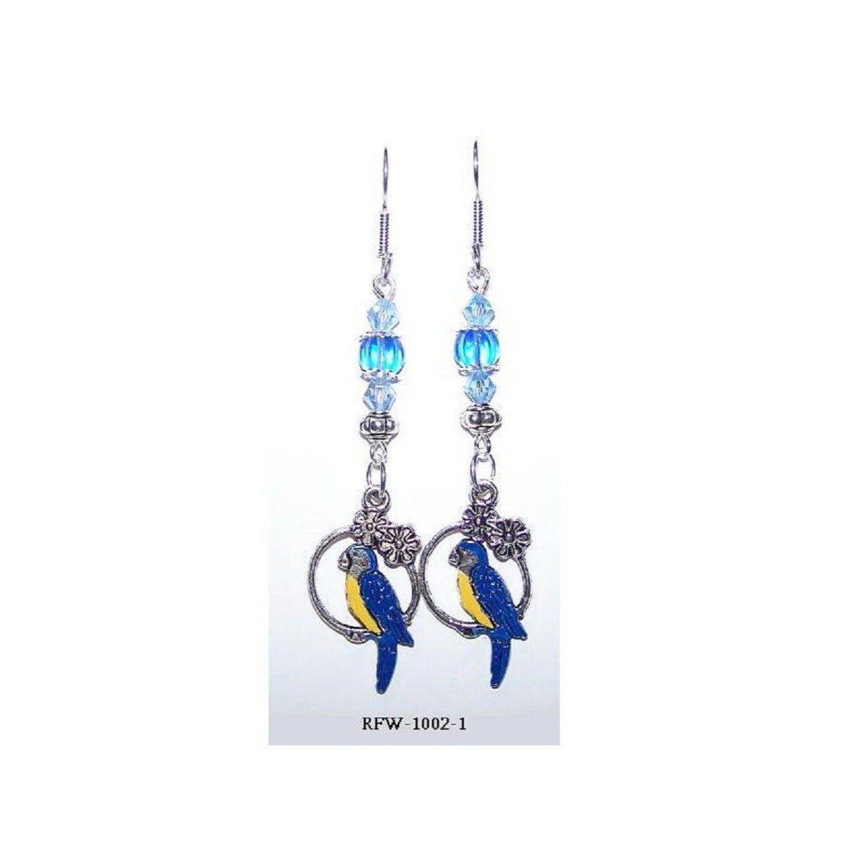 Earrings Painted Parrot Hoop Flowers Blue Silver Beads  2" long Sterling Hook