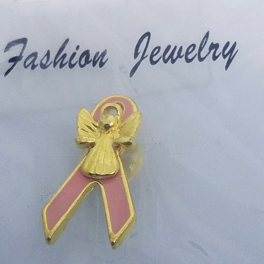 Pin Pink Ribbon Breast Cancer Set of 5 Pink Gold Trim Gold Color Angel 1" Tall