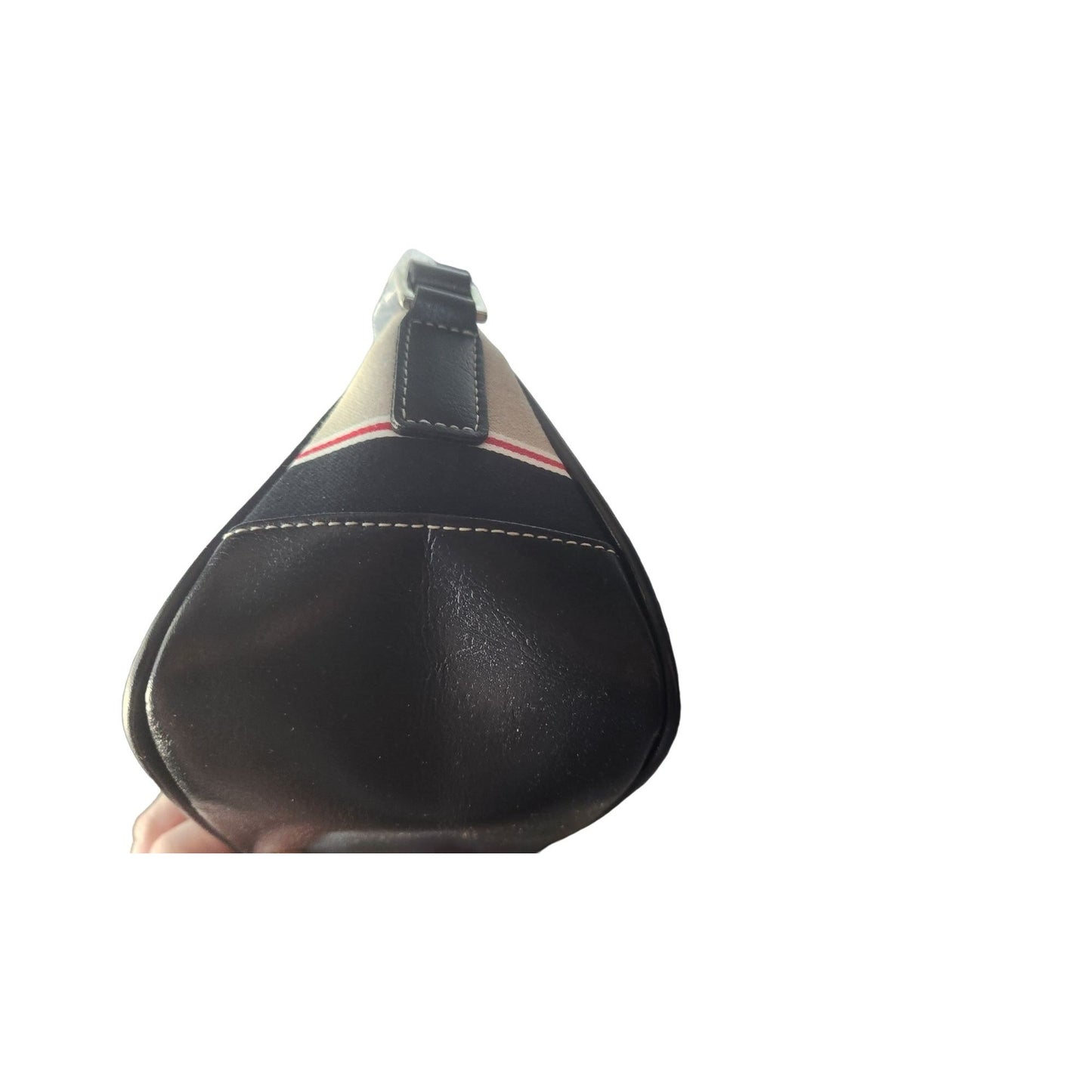 Purse Bag Black Grey Red  Zip Top Inside Zip Pocket  10 " x 4" x 4 1/2"  20" Handle Green Lining