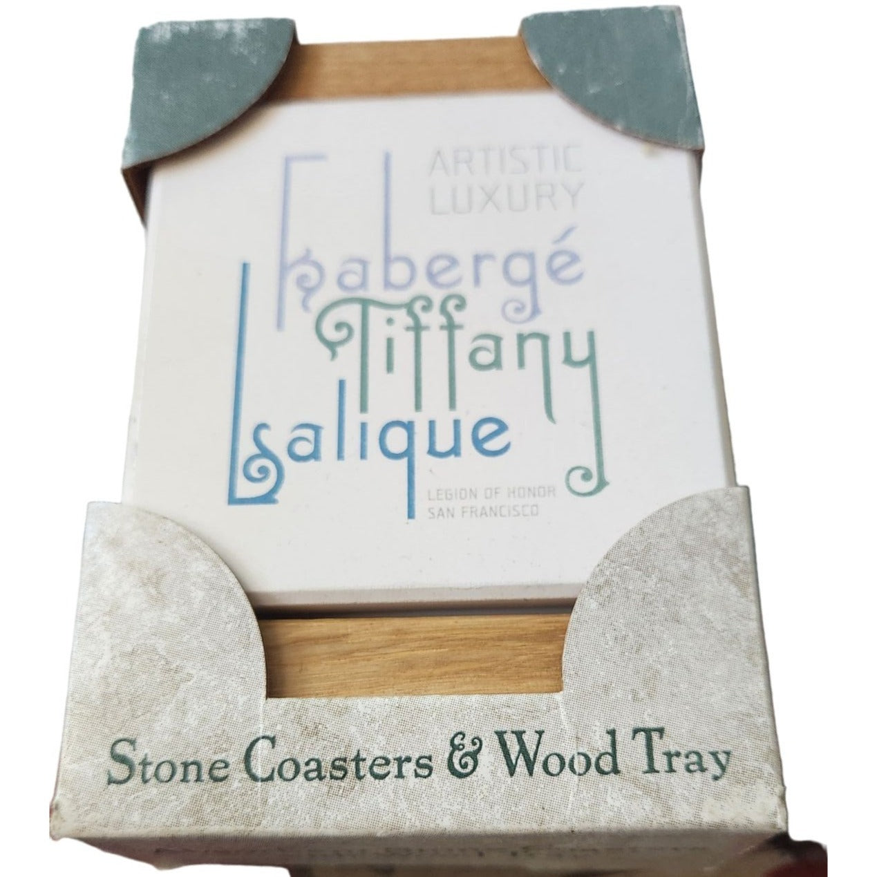 Absorbent Stone Coaster & Wood Tray Set of 4 Faberge Tiffany Cork Back