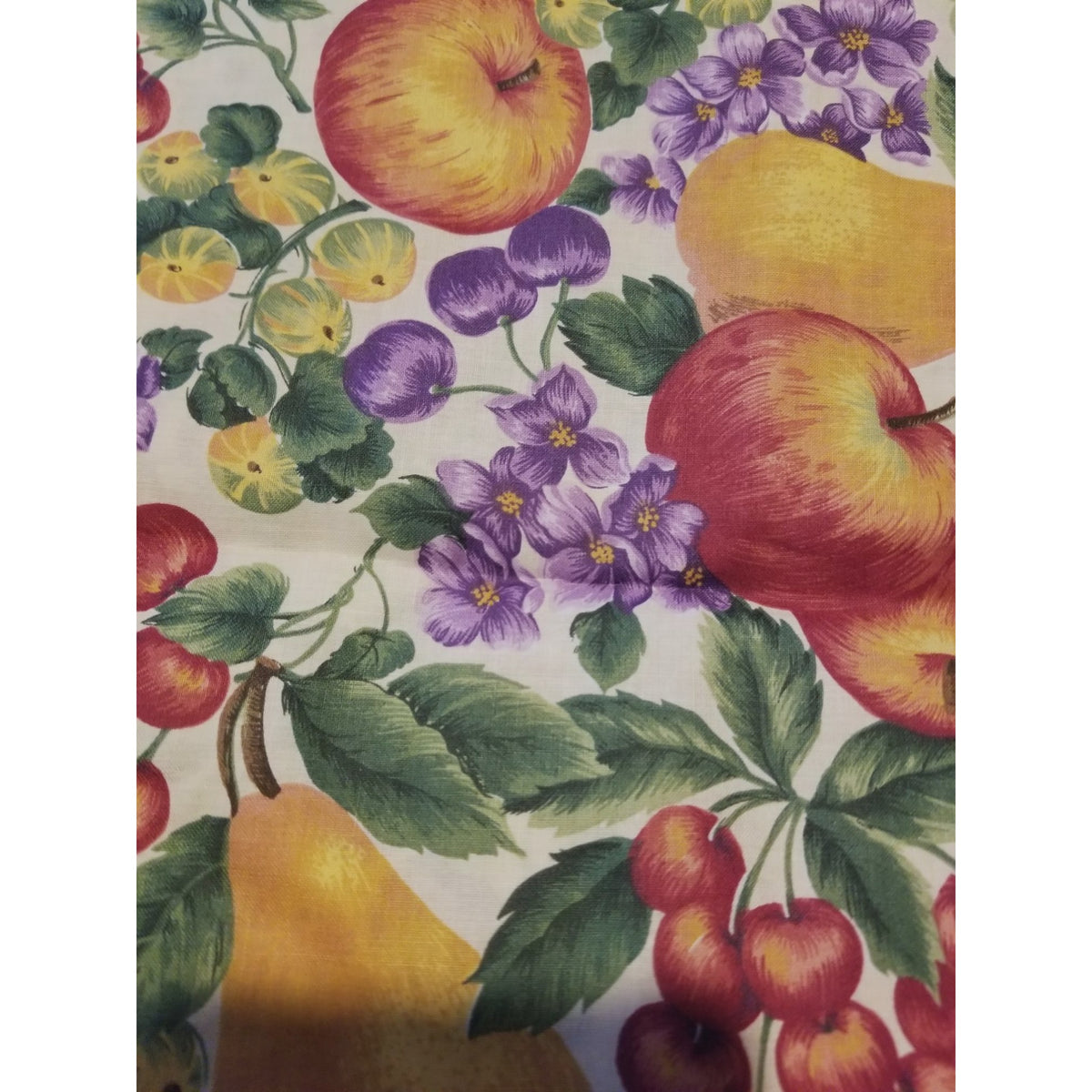 Material White Fruit Pears Grapes Cherrys Apple Flowers  Green Leaves Fabric  44" x  66" Cotton