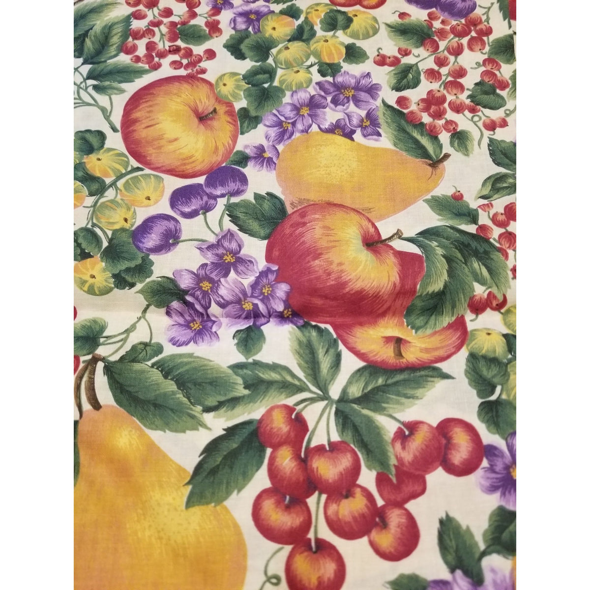 Material White Fruit Pears Grapes Cherrys Apple Flowers  Green Leaves Fabric  44" x  66" Cotton