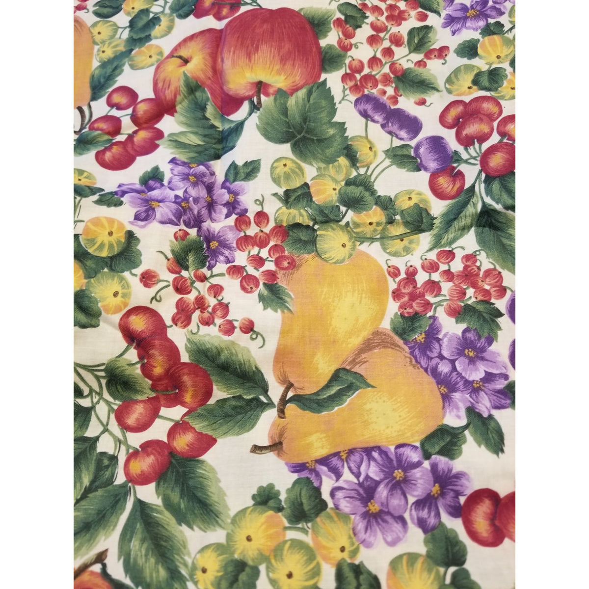 Material White Fruit Pears Grapes Cherrys Apple Flowers  Green Leaves Fabric  44" x  66" Cotton