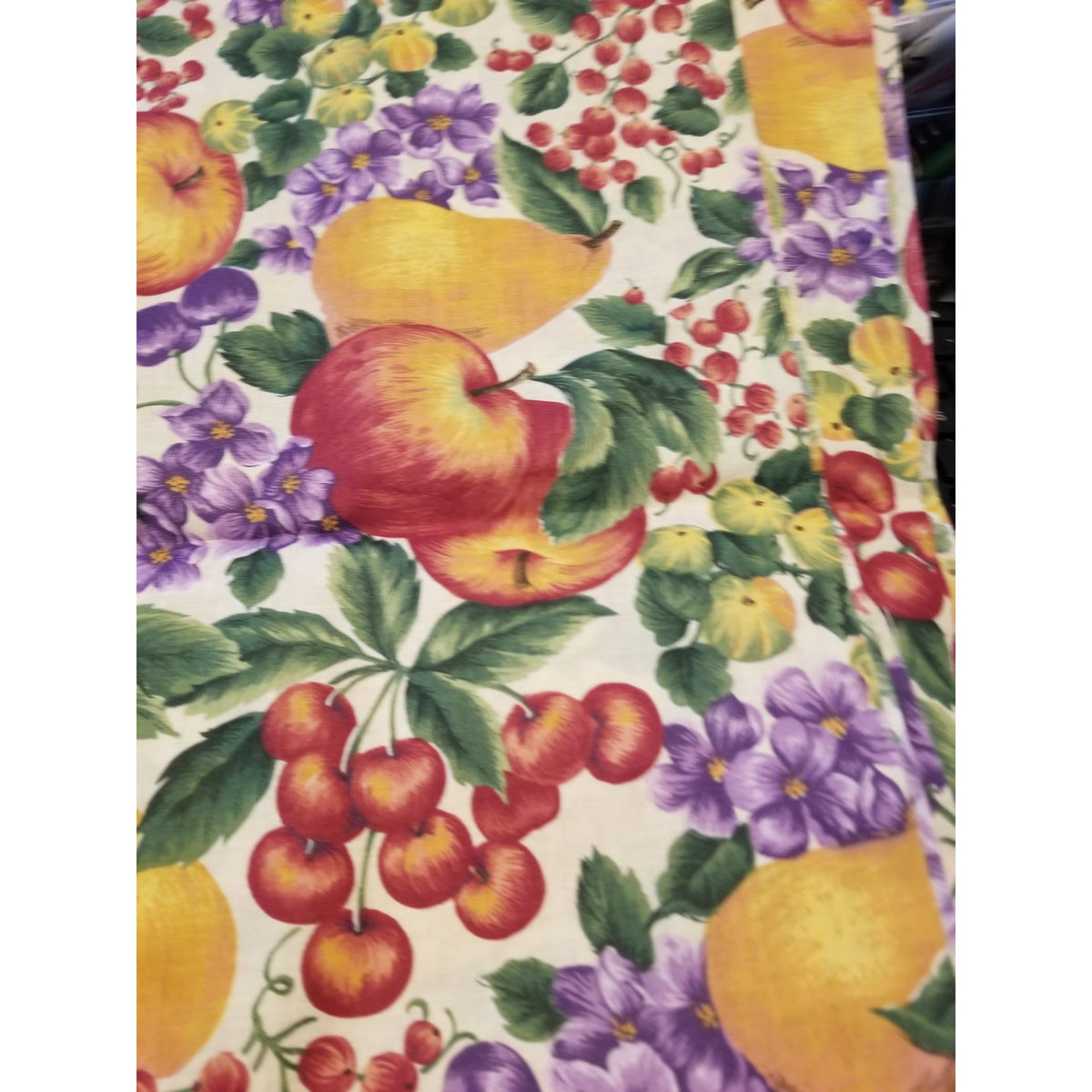 Material White Fruit Pears Grapes Cherrys Apple Flowers  Green Leaves Fabric  44" x  66" Cotton