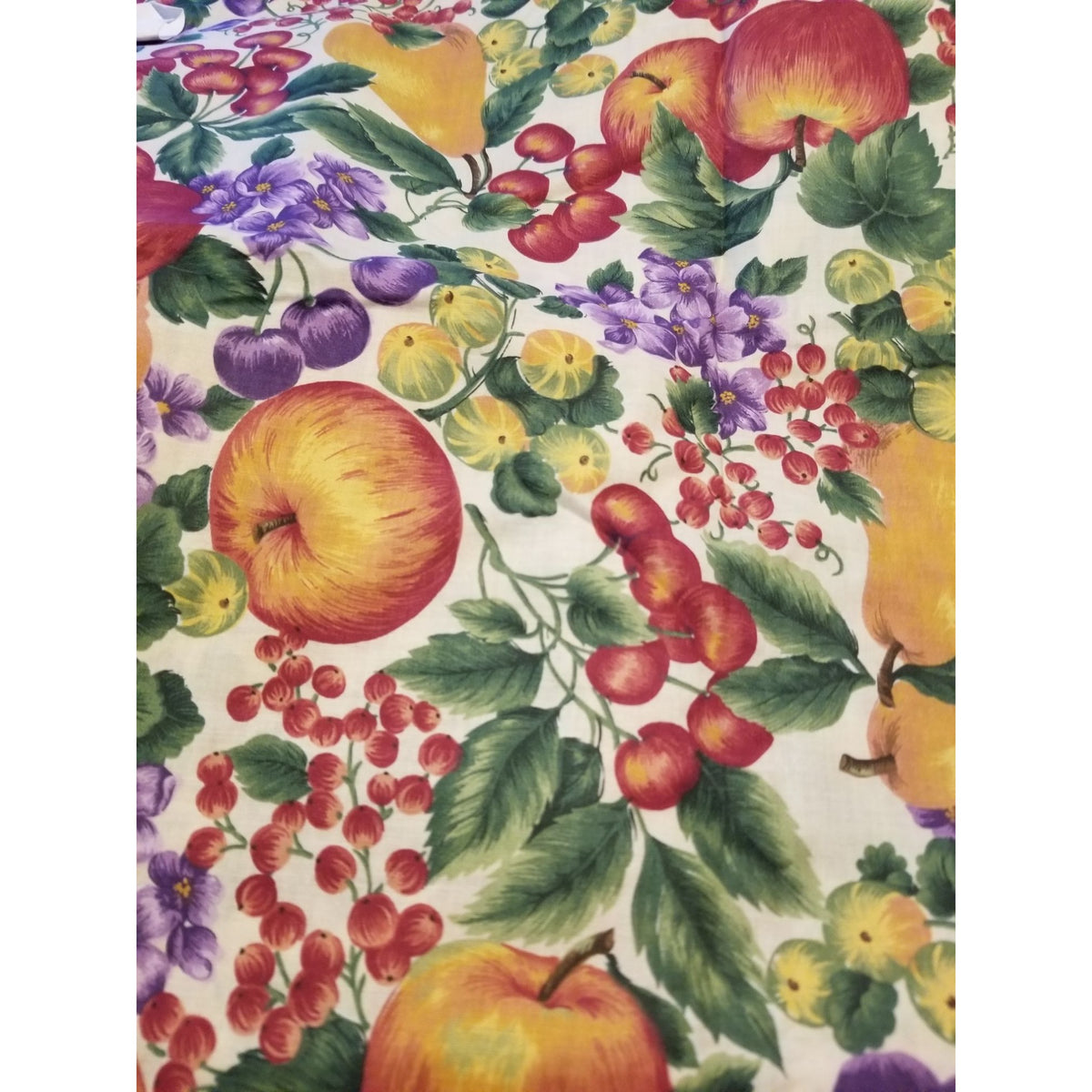 Material White Fruit Pears Grapes Cherrys Apple Flowers  Green Leaves Fabric  44" x  66" Cotton