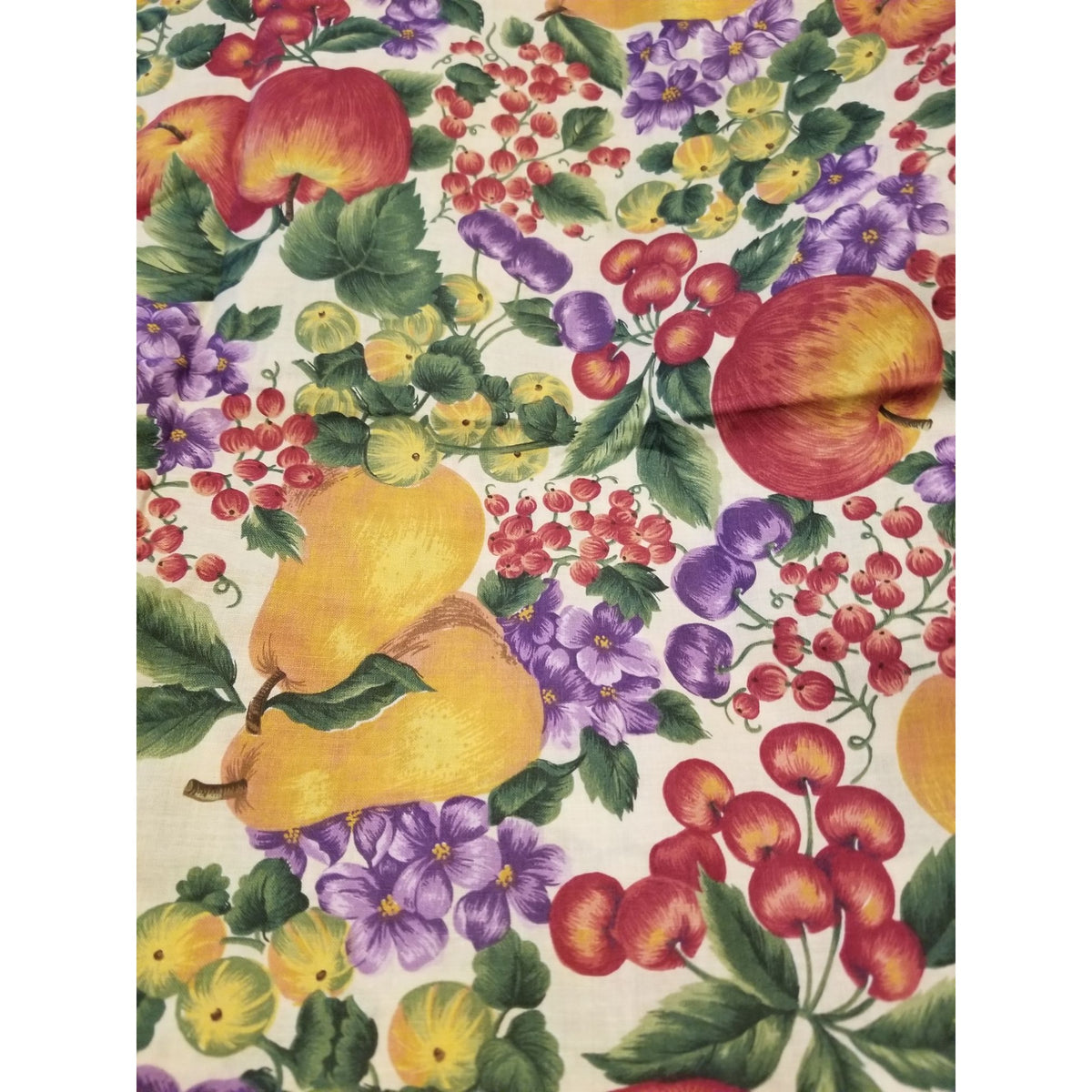 Material White Fruit Pears Grapes Cherrys Apple Flowers  Green Leaves Fabric  44" x  66" Cotton