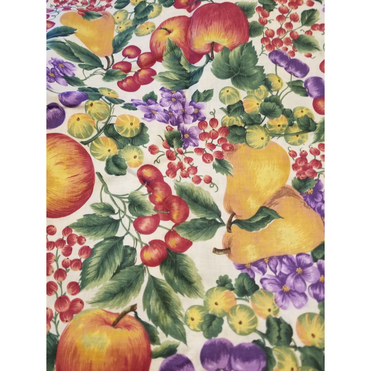 Material White Fruit Pears Grapes Cherrys Apple Flowers  Green Leaves Fabric  44" x  66" Cotton