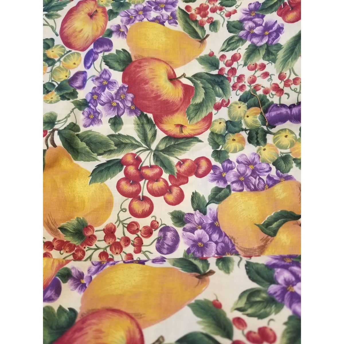 Material White Fruit Pears Grapes Cherrys Apple Flowers  Green Leaves Fabric  44" x  66" Cotton