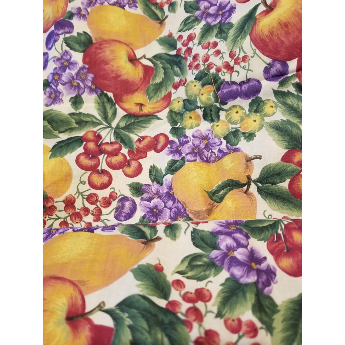 Material White Fruit Pears Grapes Cherrys Apple Flowers  Green Leaves Fabric  44" x  66" Cotton