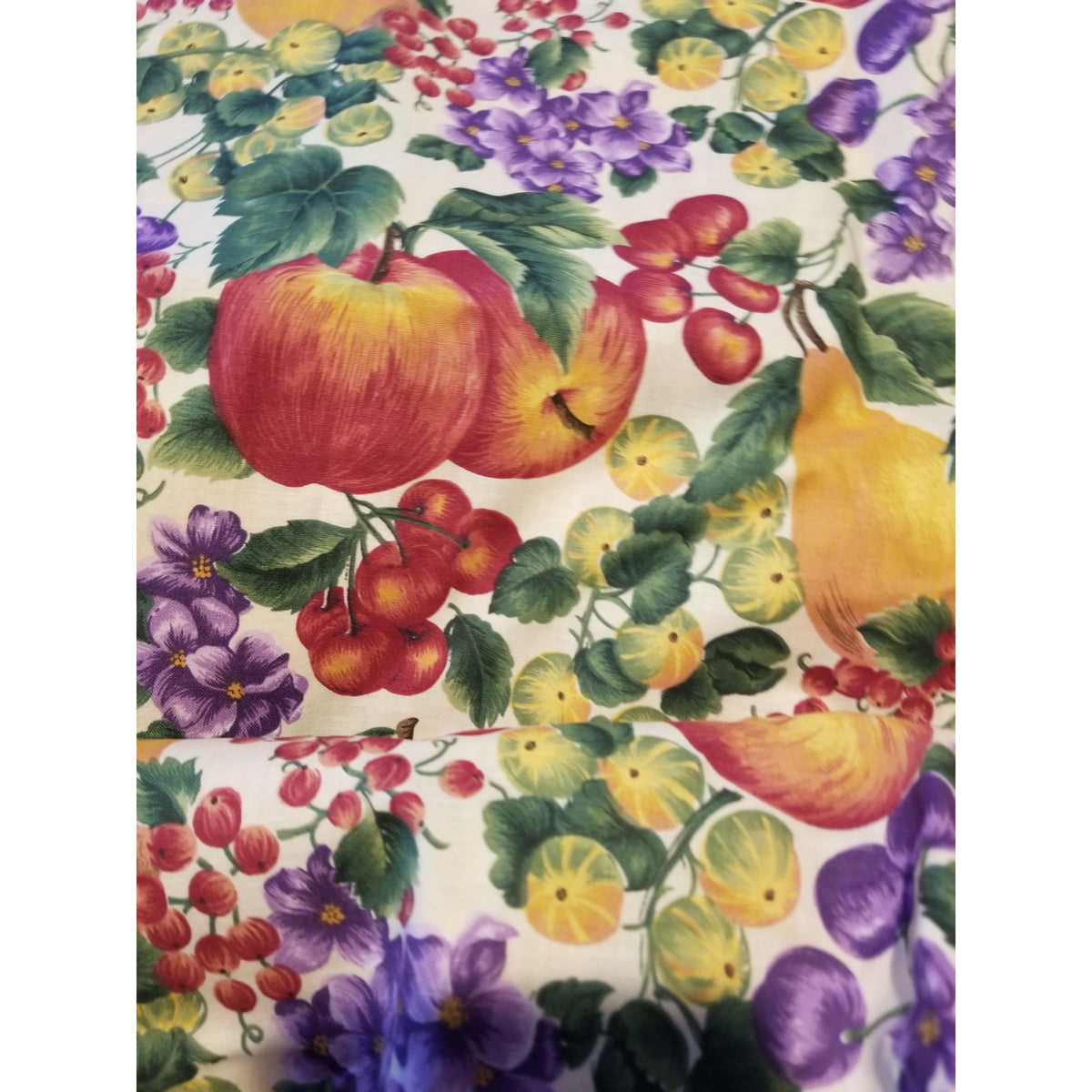 Material White Fruit Pears Grapes Cherrys Apple Flowers  Green Leaves Fabric  44" x  66" Cotton