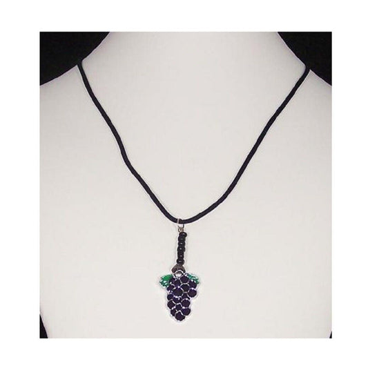 Necklace Purple Painted Grape 1 " Charm Green Leaves Black Beads Velvet Cord