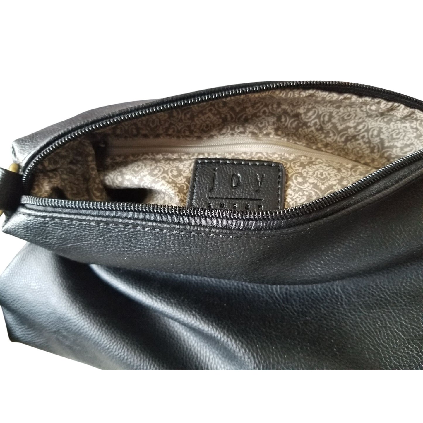 Purse Bag  Joy Susan Black Brown Filagree 12 ' x 9" Zip Pocket 2 Slip pockets Zip Top Handle