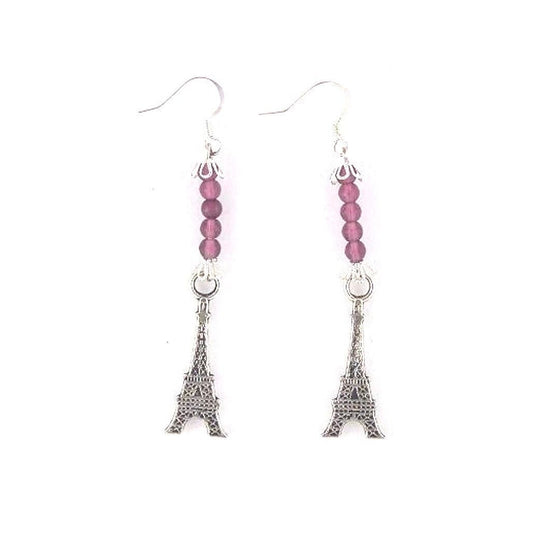 Earrings Eiffel Tower Charms Brown Silver Beads Sterling Hooks 2" Long