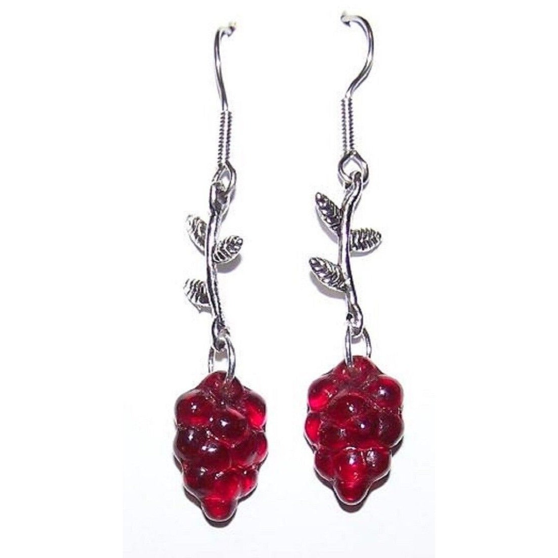 Earrings Small Red Glass Grape Cluster Stem and Leaf Charm Sterling Wire   2"