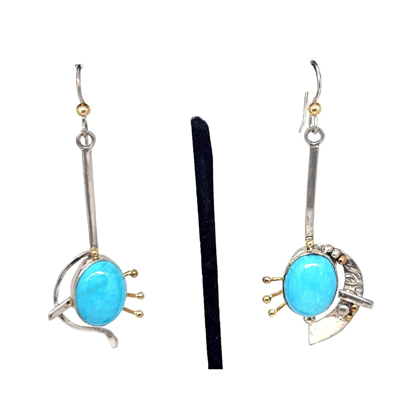 Sleeping Beauty Turquoise Earrings 10 Gr Silver Hooks Dangle Long 14K Gold Accents
