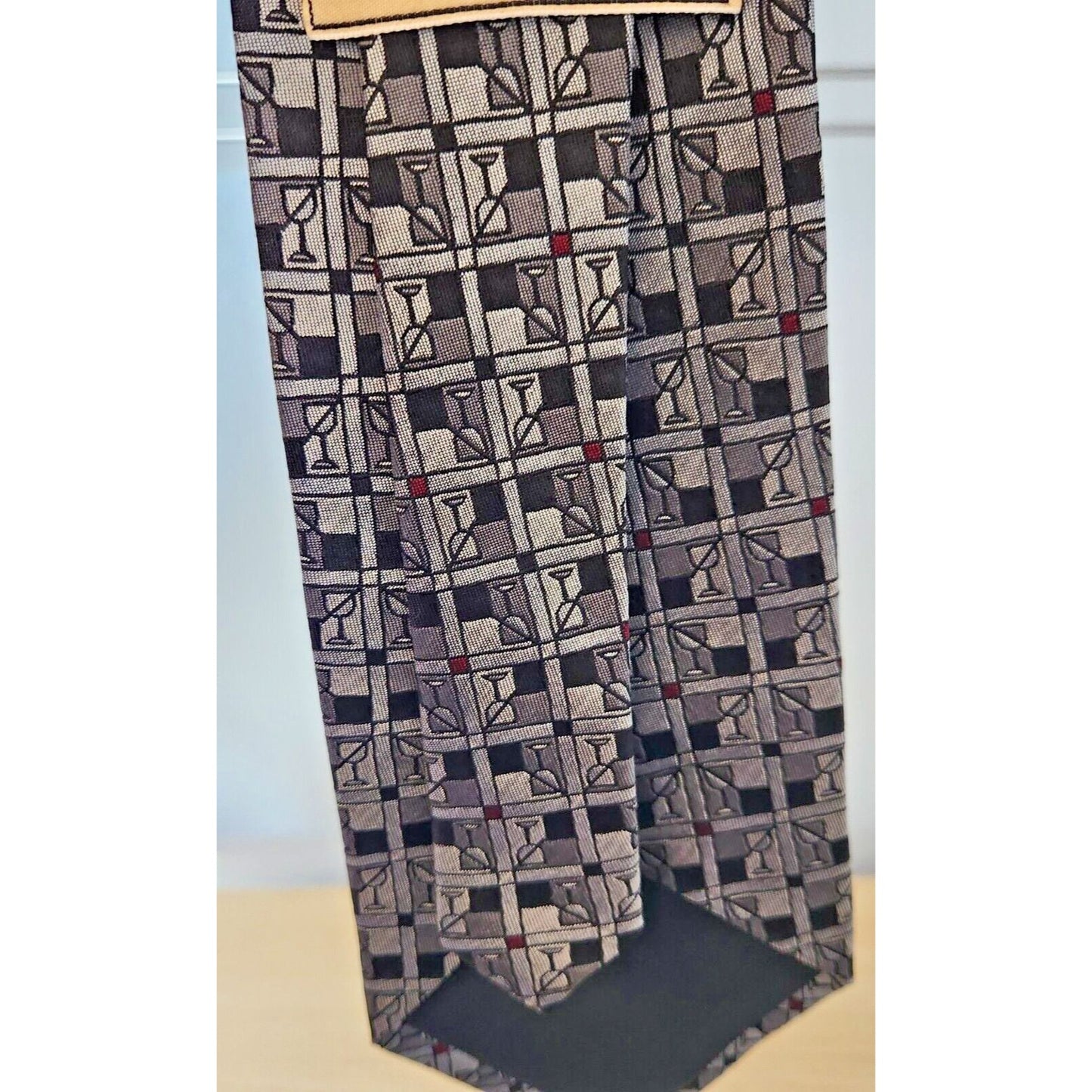 Silk Tie Brand Dino Carlotti Silver Stacked Wine Glasses 56" x 4"  100% Silk