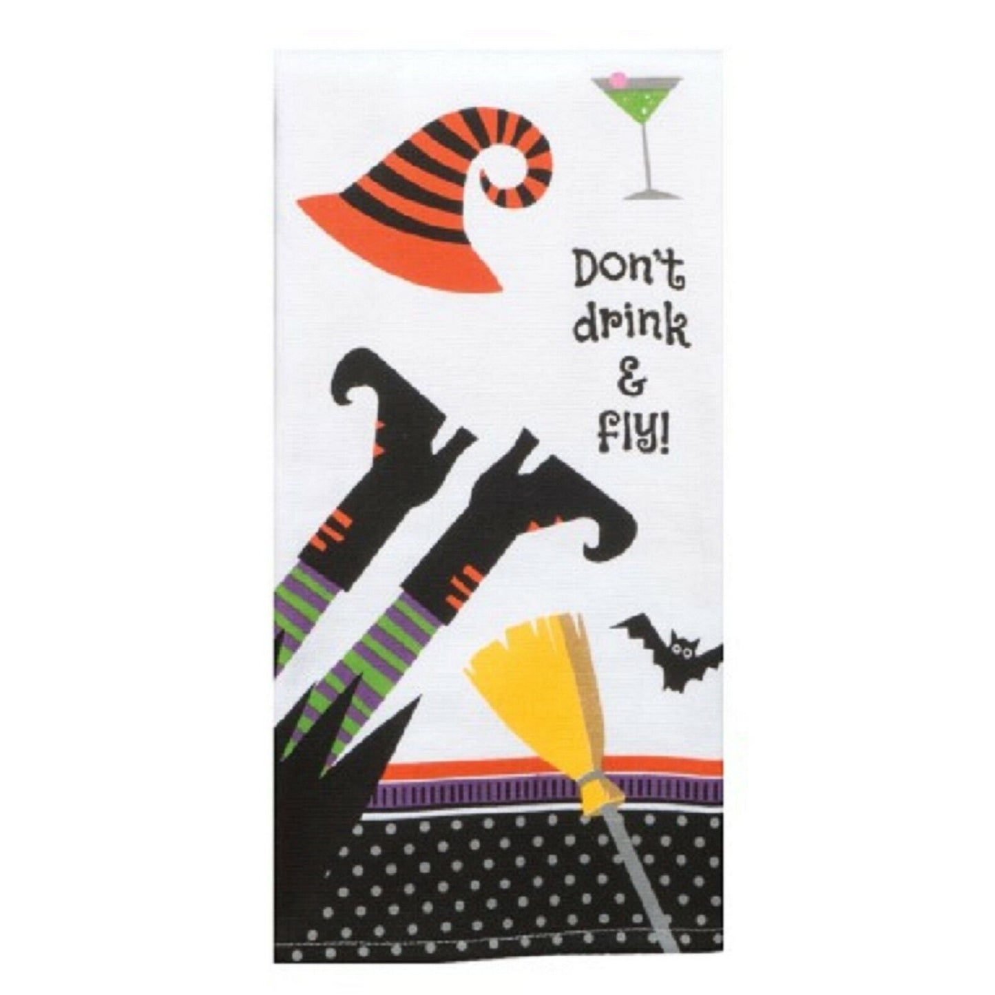 Kitchen Towel Kay Dee Size 16" x 26"   Don't Drink and Fly Witch Feet Bat Dual Purpose