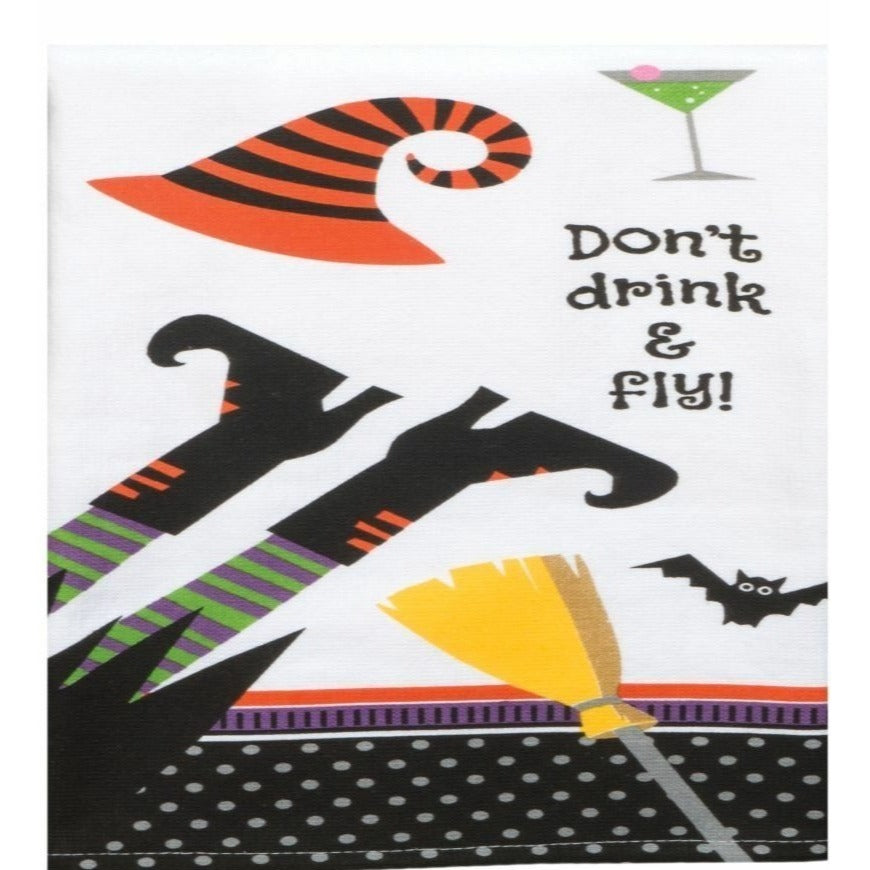 Kitchen Towel Kay Dee Size 16" x 26"   Don't Drink and Fly Witch Feet Bat Dual Purpose
