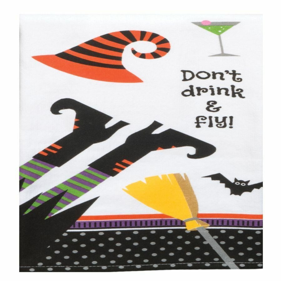 Kitchen Towel Kay Dee Size 16" x 26"   Don't Drink and Fly Witch Feet Bat Dual Purpose