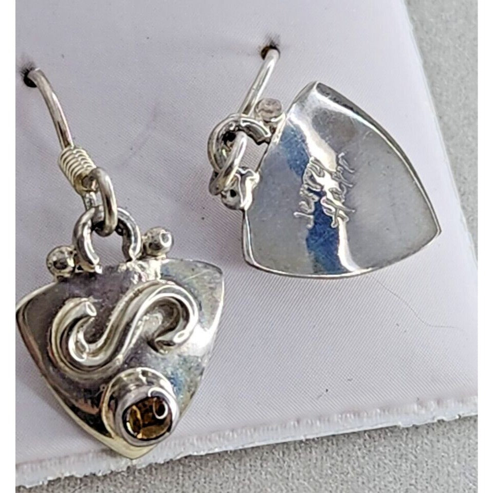Earrings Set Round Topaz  Triangle 925 Silver Weight 3 Gr Handmade