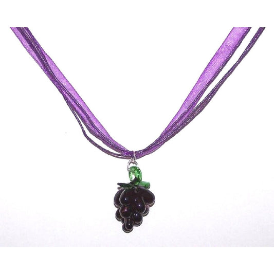 Necklace Purple Glass Grape Bead Green Leaves Glass Bead Purple Ribbon Cord