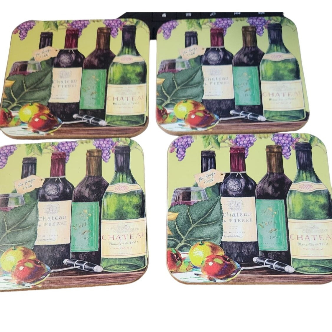 Wine Bottles Grapes Set of 4 Coasters Cork Backing Wood Glossy 3 1/2" x 3 1/2"