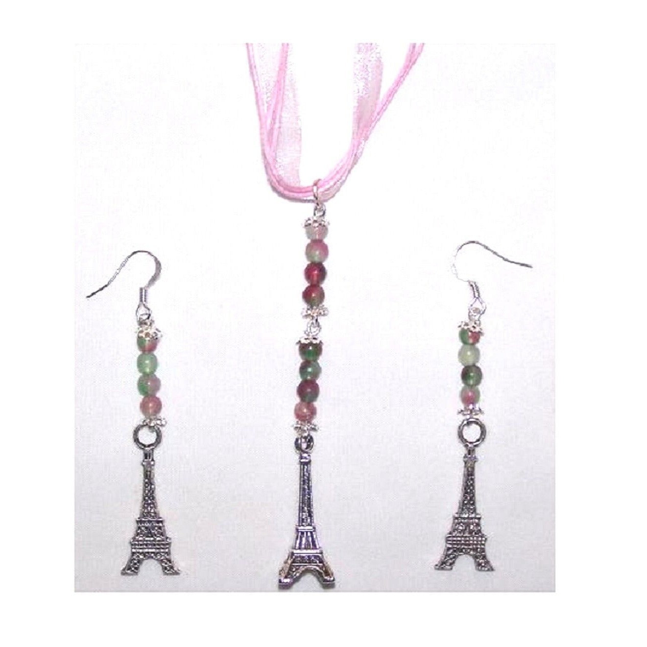 Necklace Earrings Eiffel Tower 1" Charm Green Pink Brown Beads Pink Ribbon Cord