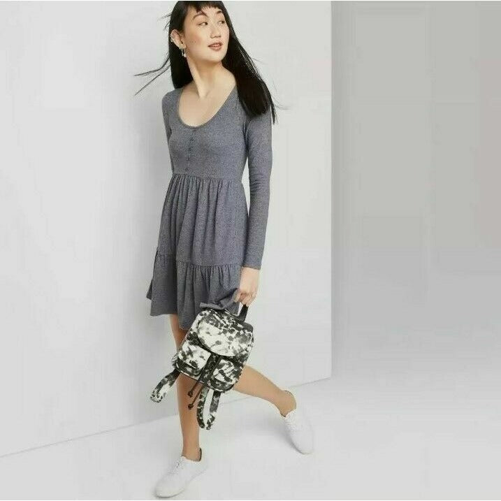 Dress Wild Fable Size XS Grey Long Sleeve Round Neck Tiered Babydoll Mini Dress