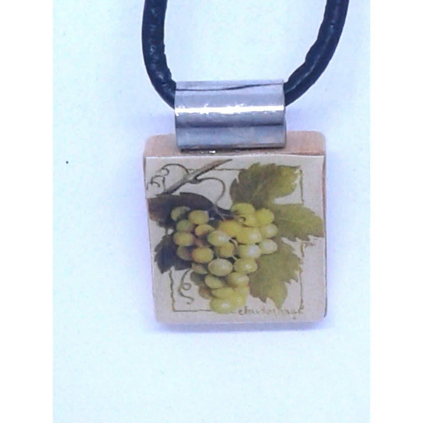 Necklace 1" Green Grape Cluster Wine Printed Scrabble Game Tile Leather Cord