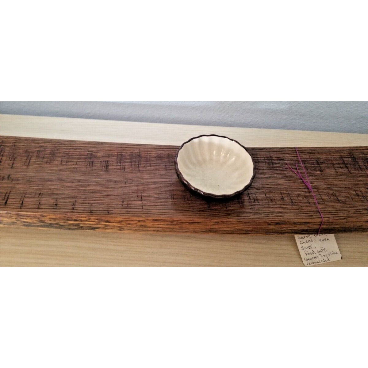 Wine Stave Sushi Tray  with Brown Dipping Bowl Stave Feet 35 " x  3 1/2 " x 2"