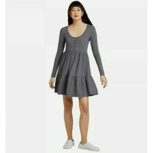Dress Wild Fable Size XS Grey Long Sleeve Round Neck Tiered Babydoll Mini Dress