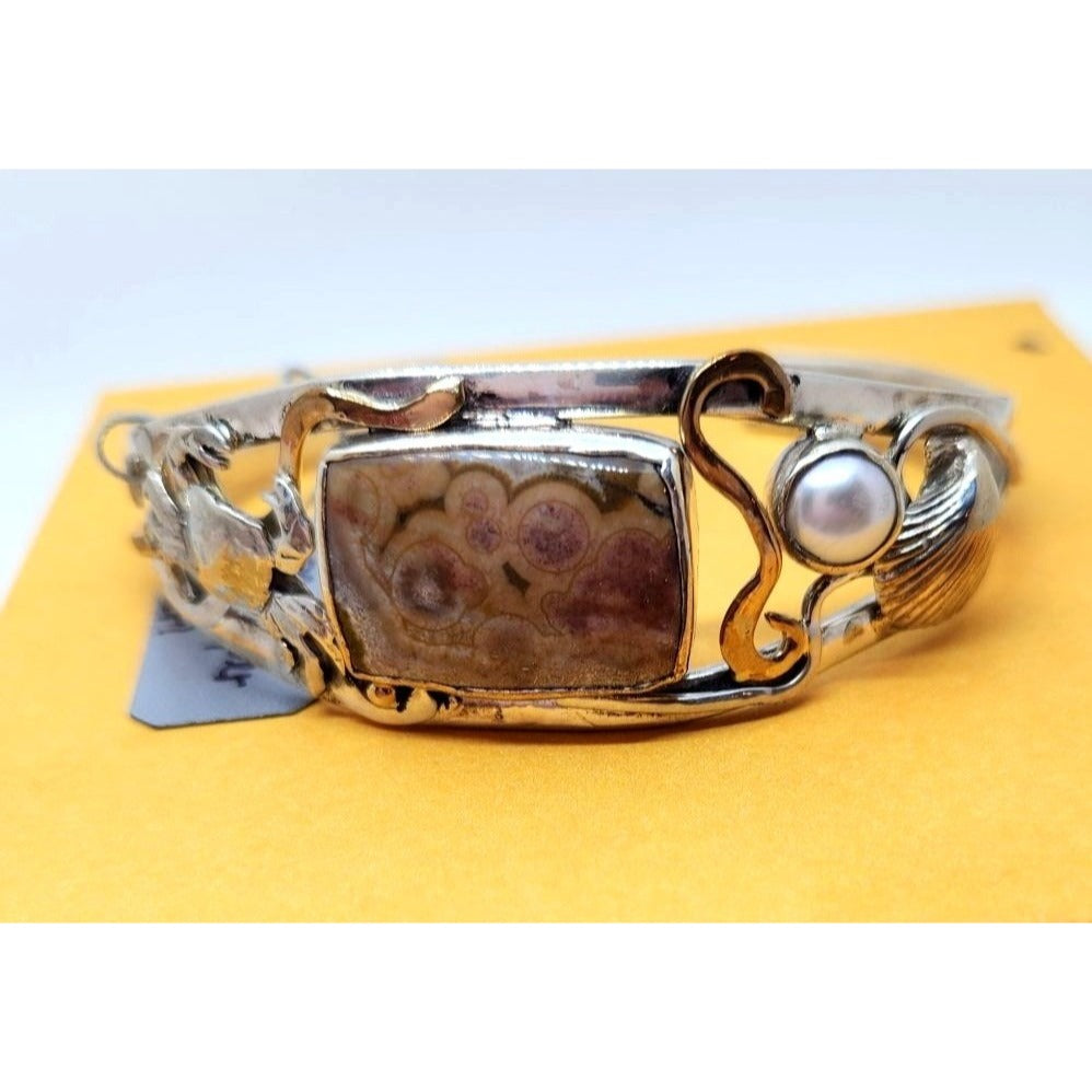 Bracelet Ocean Jasper Pearl Sterling Silver 14K Gold Accents Crab, Sea Shell ,