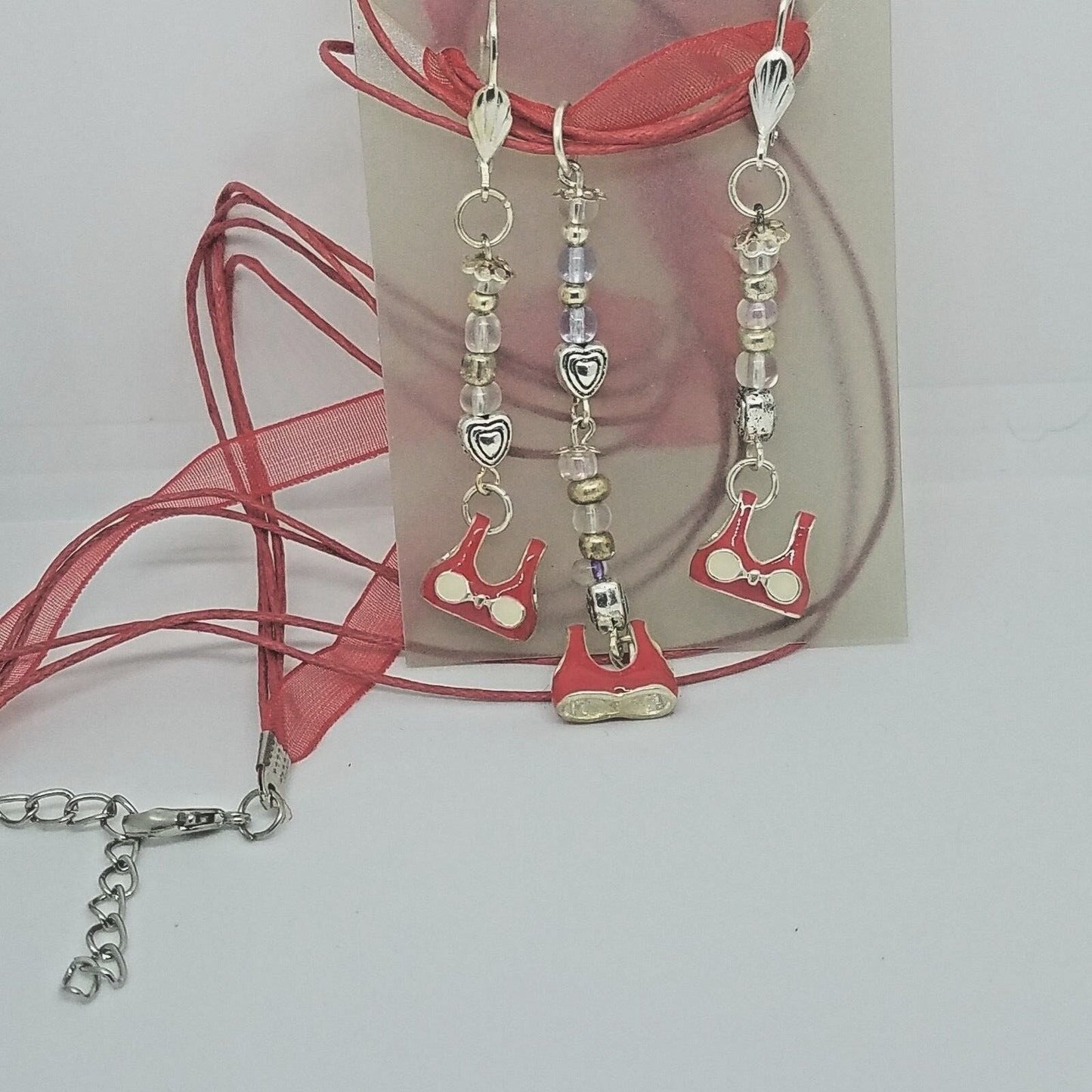 Necklace Earrings Bikini Bra Top 1/2 " Charm Clear Silver Beads Red Ribbon Cord